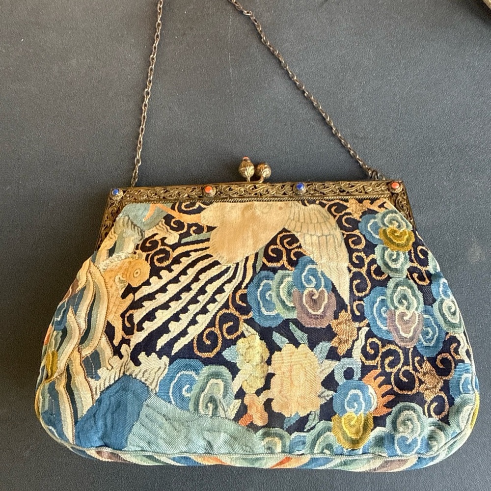 Antique Rare Chinese Woven Kesi Evening Hand Bag Gilt Coral Lapis - Picture 6 of 9